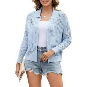 Womens Crochet Knit Cardigan Open Front Button Down Lightweight Summer Sweater